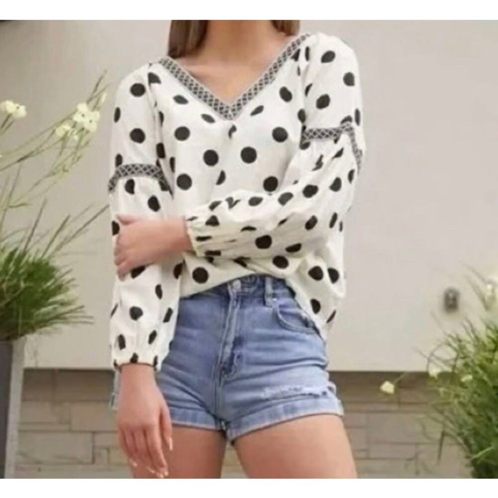 Skies are Blue Womens Blouse L Boho Embroidered Polka Dot V Neck Balloon Sleeve